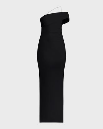 H&eacute;rve L&eacute;ger Crystal Strap Ruched One-Shoulder Gown