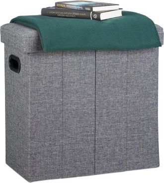 Relaxdays Relaxdays Folding Ottoman, HxWxD: 49.5 x 46 x 25.5 cm, with Storage, Foldable Footstool, Linen, Polyester, MDF, Dark Grey