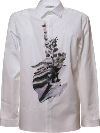 Neil Barrett Cotton Pattern Shirt - Heren - Casual Overhemden - Wit - M - Katoen - Overhemden