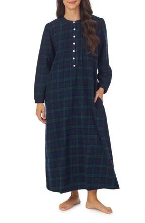 Lanz of Salzburg Ballet Long Sleeve Flannel Nightgown in Dk Blue Plaid at Nordstrom, Size X-Small