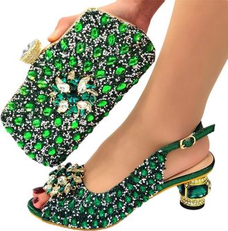 Generic Womens Stiletto High Heel Shoes and Leather Handmade Handbag Sets for Evening Party with Sparkly Rhinestone Flower