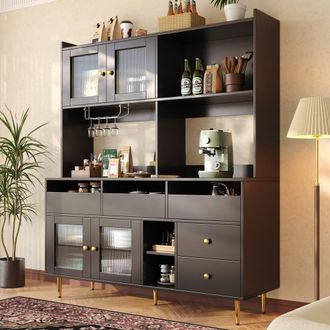 Merax Kitchen Dresser with Reeded Glass Doors & Wine Glass Racks in Black