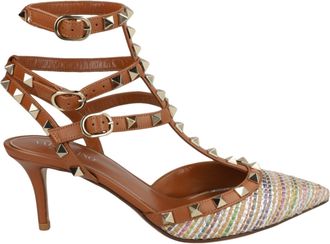 Valentino Rockstud Caged Pumps In Woven Fabric And Leather