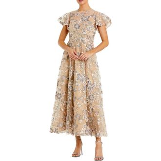 Mac Duggal Womens Embroidered Floral Mesh A-Line Midi Dress in Nude at Nordstrom, Size 14