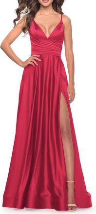 La Femme Long Satin Dress with Side Slit and V Shaped Back in Red at Nordstrom, Size 18