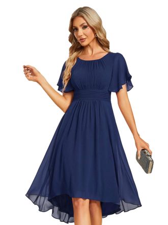 Ever-pretty Womens Chiffon Blue Evening Dresses Crew Neck Pleated Waist Short Sleeve Wedding Guest Dress Navy Blue 20UK