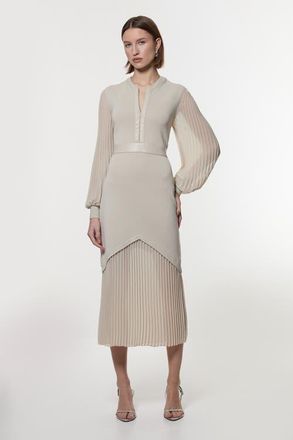 Karen Millen Pu Trim Woven Sleeved Pleated Dress in Grey at Nordstrom, Size Medium