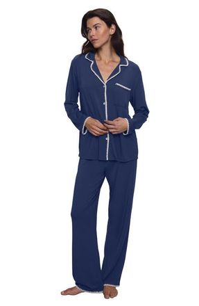 Eberjey Frida Contrast Embroidery Knit Pajamas in Navy/Ivory at Nordstrom, Size X-Large
