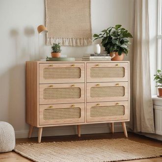 OEM C&oacute;moda De 6 Cajones, Escandinava, Con Botones De Metal, Patas De Madera, Mueble De Dormitorio, Color Madera Natural