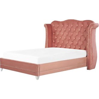 Beliani Beliani - Cama con somier de terciopelo rosa 140 x 200 cm listones cabecero capitoné Ayette