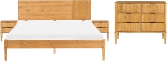 Beliani Conjunto De Dormitorio Estilo Escandinavo De Madera De Pino 2 Mesitas C&oacute;moda 6 Cajones Cama Doble 160 X 200 Cm Marr&oacute;n Claro Flavignac