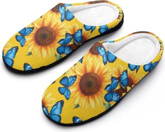Generic Sunflowers with Blue Butterfly Mens House Slippers Memory Foam Washable Cotton Slip on Home Shoes