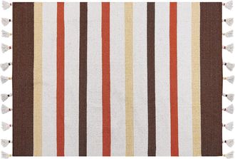 Beliani Alfombra De Algod&oacute;n Marr&oacute;n Beige Amarillo Naranja 140 X 200 Cm A Rayas A Mano Hisarli