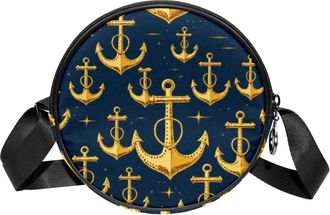 Generic Circle Crossbody Bag for Women, Anchors Golden Small Sling Bag Daypack with Zipper Adjustable Shoulder Straps Casual Ladies Girls Round Purse