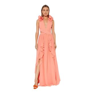 PatBo Patbo, Kleedjes, Dames, Oranje, XS, Leer, Oranje Ruche Maxi Jurk