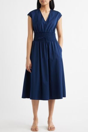 Spanx Smock Waist V-Neck Cotton Midi Dress in Timeless Navy at Nordstrom, Size X-Small