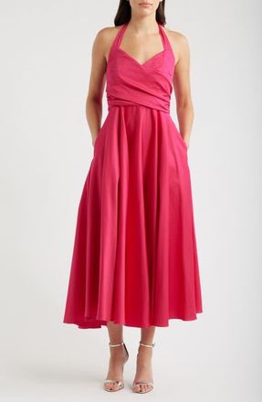 Black Halo Noelle Stretch Cotton Halter Midi Dress in Cerise at Nordstrom, Size 12