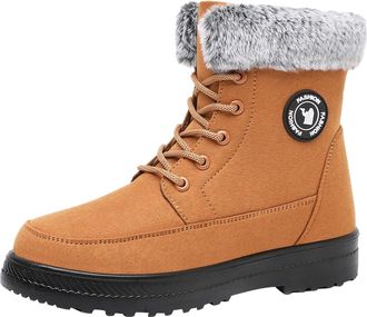 Generic Womens Ankle Boots Fleece Plush Lined Warm Snow Boots Lace Up Flat Non-Slip Cosy Short Booties Ladies Lightweight Casual Shoes Autumn Winter Size 6.5