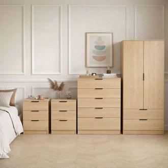 Home Discount Trega Bedroom Furniture Set 4pc - 2x 3 Drawer Bedside, 5 Drawer Chest & 2 Door Wardrobe, Pine