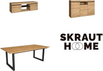 Skraut Home Skraut Home - Set di mobili per il soggiorno, Tavolo 200 piedi U 10 commensali, Mobile TV 140, Madia / Credenza 140, Rovere e Nero, Stile industriale