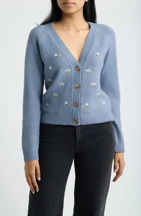 Bobeau Embroidered Floral V-Neck Cardigan in Dusty Blue/white at Nordstrom, Size X-Large