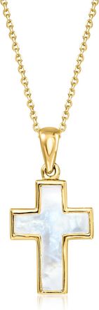 Ross-Simons Italian Mother-Of-Pearl Cross Pendant Necklace in 18kt Gold Over Sterling