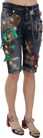Dolce & Gabbana Womens Blue Denim Mid Waist Crystal Capri Shorts Cotton