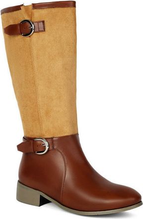 Generic Womens Round Toe PU Leather Knight Boots Pull on Knee High Boots with Buckle Low Chunky Heel Long Boot,Reddish brown,5.5 UK