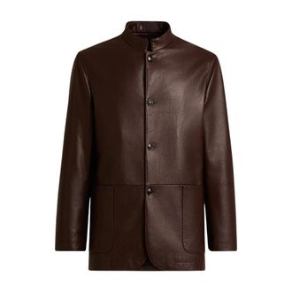 Kiton Lamsleren Mandarin Kraag Jas - Heren - Leren en Su&egrave;de Jassen - Bruin - 2XL - Leer - Jassen
