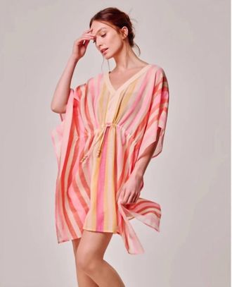 Echo Cabana Stripe Caftan Mini Dress In Beach Pink