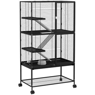 OEM Jaula Para Animales Peque&ntilde;os De 4 Niveles Con Ruedas Rampa Comedero Bebedero Y Bandeja Extra&iacute;ble 78x45,5x136 Cm Negro