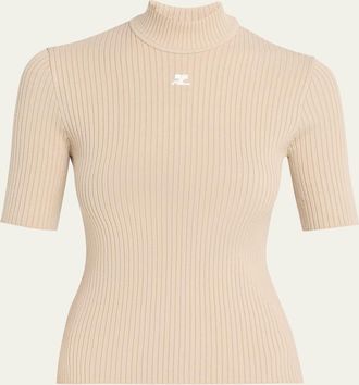 Courr&egrave;ges Mock-Neck Short-Sleeve Rib Pullover