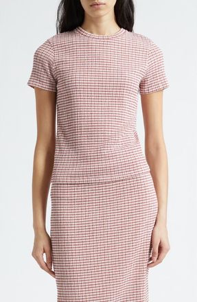 Vince Smocked Gingham T-Shirt in Rose Jam Combo at Nordstrom, Size Xx-Small