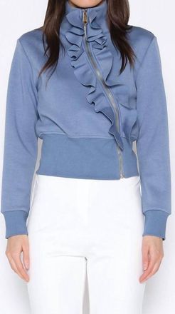 Gracia High Neck Scuba Asymetrical Ruffled Zip Jacket In Blue