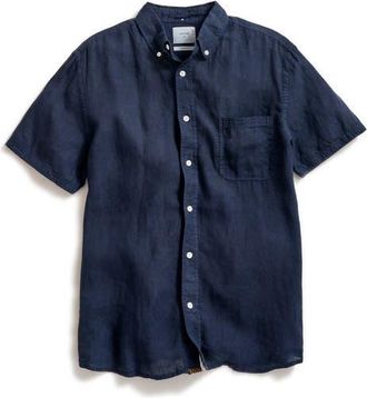 Billy Reid Tuscumbia Standard Fit Short Sleeve Linen Button-Down Shirt in Carbon Blue at Nordstrom, Size X-Large