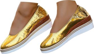 Generic Womens Platform Espadrilles Wedge Shoes Slip On Closed Round Toe Casual Shiny Pumps Dressy Women Chunky Block High Heel Orthopedic Shoes Solid Low Top