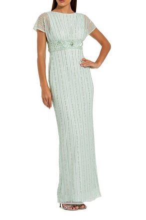 Mac Duggal Beaded Blouson Short Sleeve Column Gown in Sage at Nordstrom, Size 18