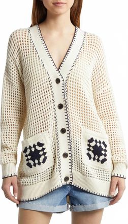Frame Denim Crochet Open Stitch Cardigan In Cream/navy