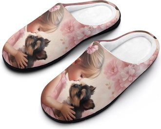 Generic Best Friend Girl And Yorkie Womens Slippers Warm House Slippers Indoor House Shoes with Anti-Skid Rubber Sole