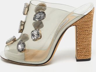 Jimmy Choo London Silver Pvc Crystal Embellished Mule Sandals