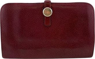 Herm&egrave;s Red Color Taurillon Clemence Leather Long Wallet (Bi-Fold) (Pre-Owned)