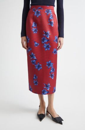 Emilia Wickstead Lorelei Festive Lilies Faille Midi Skirt in Festive Lillies Red Blue at Nordstrom, Size 10 Us