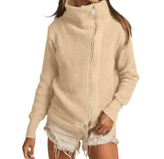 Bibi Front Zip Up High Neck Sweater Jacket In Oatmeal