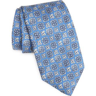 David Donahue Floral Medallion Print Silk Tie in Blue at Nordstrom Rack