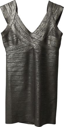H&eacute;rve L&eacute;ger Criss Cross Foil Mini Dress in Silver Rayon