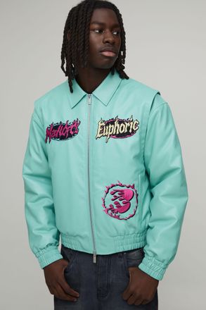 Boohooman Mens Boxy Fit Euphoric Graphic PU Applique Varsity Jacket - Mint - Size X-Small