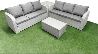 Fimous Outdoor Garden Furniture Sets 6 Seater Wicker Rattan Furniture Sofa Sets with Rectangular Coffee Table high Back Lounge Sofa 2 Side Table Light Grey