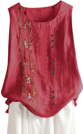 Generic HAOLEI Vest Tops Women UK Summer Cotton Linen Sleeveless T-Shirt Plus Size Loose Fit Floral Shirts Dandelion Embroidered Lounge Wear Baggy Dressy Casu