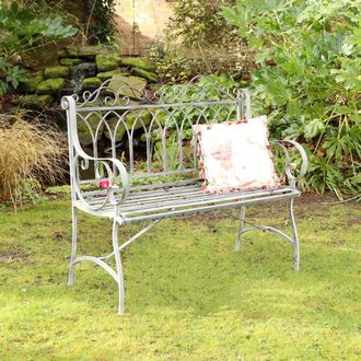 Melody Maison Ornate Distressed Grey Metal Garden Bench 98cm X 114cm | Size: 98 cm X 114 cm
