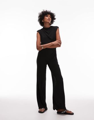 Mango drape neck detail sleeveless jumpsuit in black